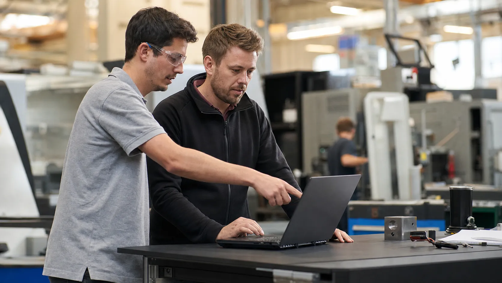 A manufacturing systems engineer configuring a production workflow on a laptop at a standing desk on the shop floor, a colleague beside them pointing at the screen.