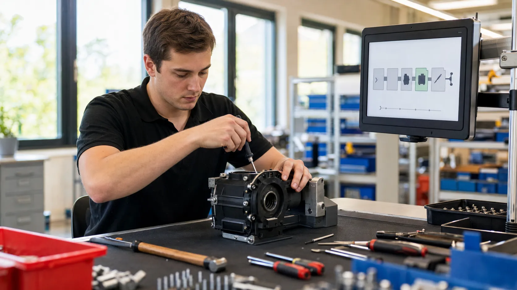 A young assembly operator at a workbench following step-by-step digital work instructions on a mounted touchscreen terminal on the shop floor.