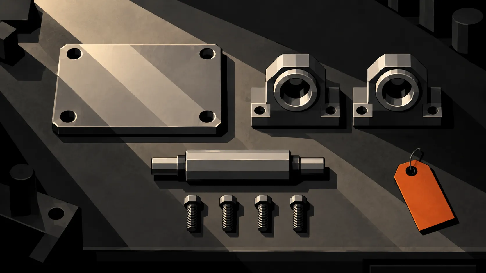 Illustrated assembly kit with one base plate, two bearing blocks, one shaft and four bolts laid out separately on a bench.