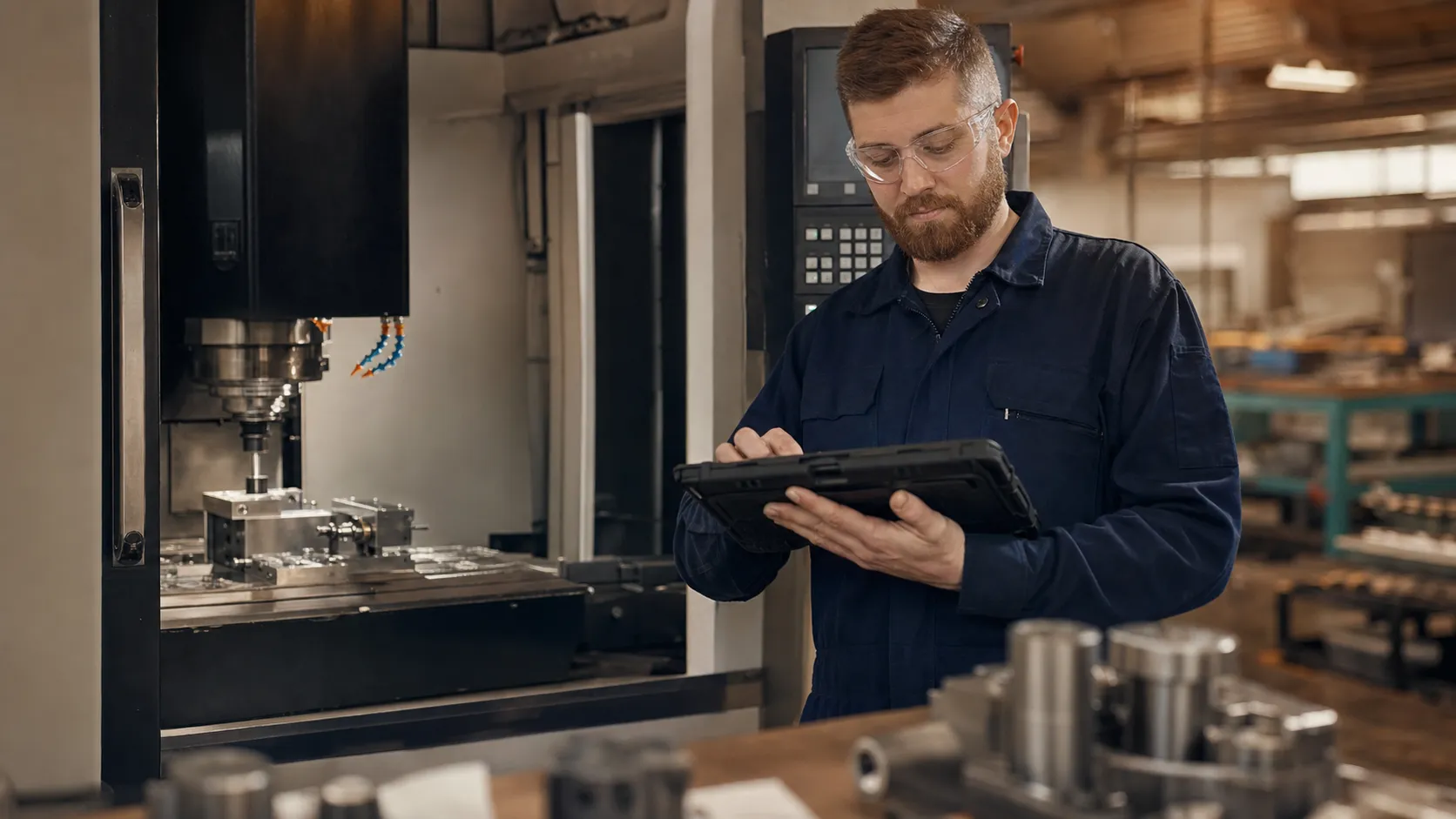 A machine operator in safety glasses using a rugged shop-floor tablet beside a CNC machine, with freshly machined metal parts in the foreground.