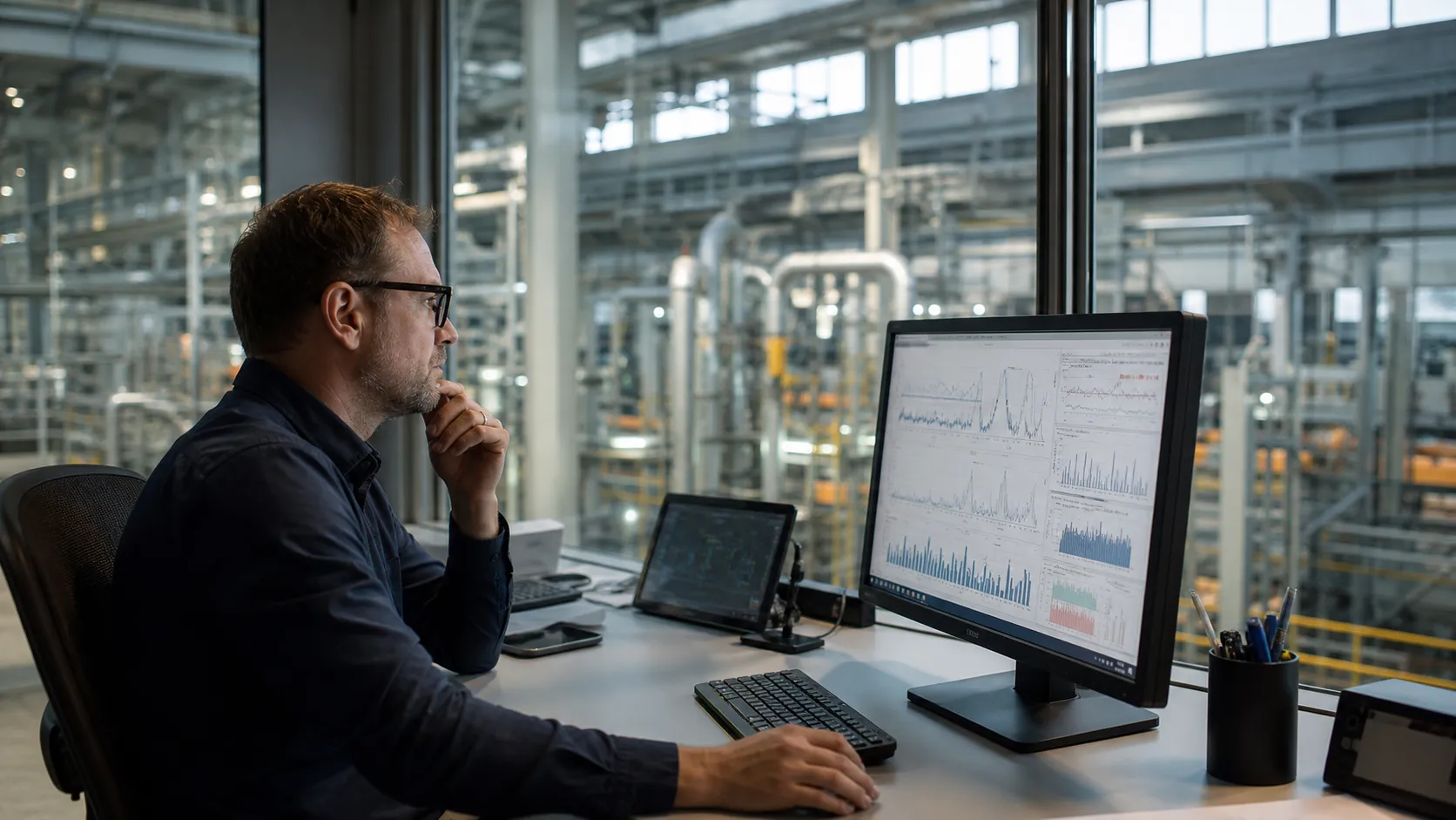 A manufacturing engineer in a glass-walled floor control room studying production data on a large wall monitor, with the plant floor visible through the glass behind them