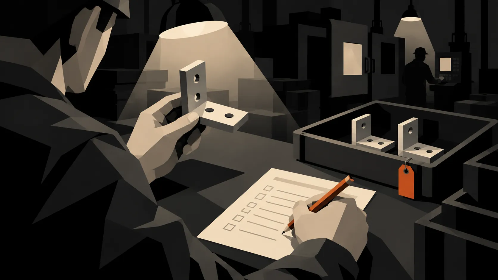 Geometric illustration of an inspector holding a bracket and recording a result beside a tagged tray of matching parts.