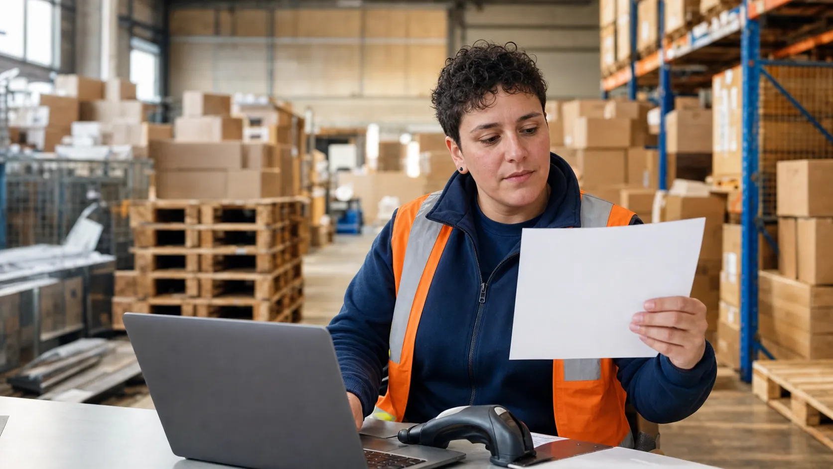 A goods-in clerk at an intake desk holding a paper delivery note beside a laptop and document scanner, with stacked pallets on racking behind them.