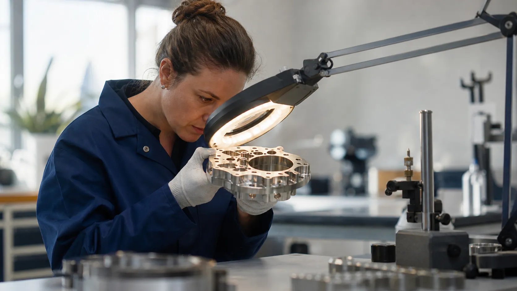 A gloved aerospace quality technician examining a precision titanium component under bright light in a clean inspection area