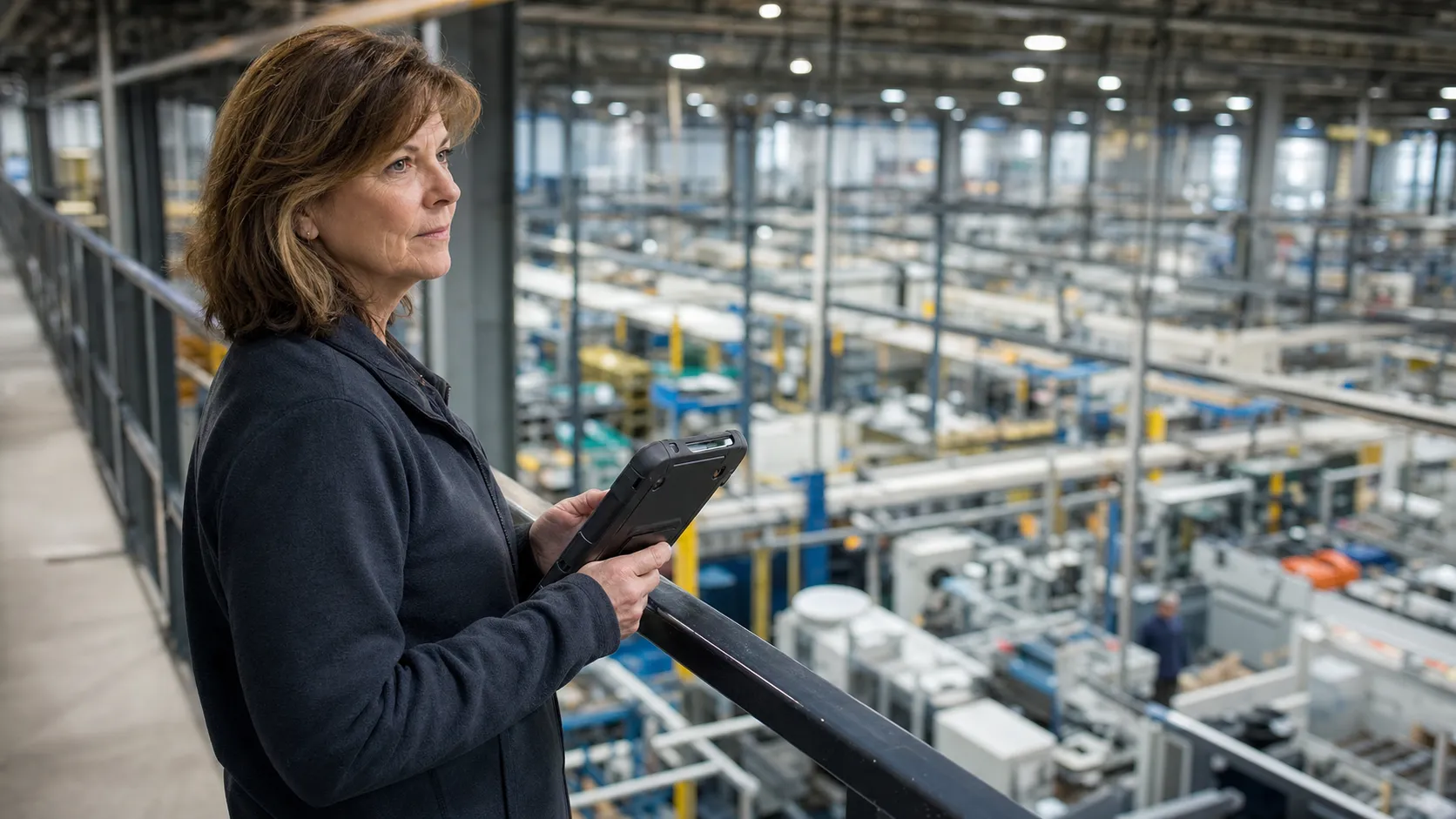 An operations leader holding a tablet on a mezzanine walkway, looking out over a large multi-line manufacturing floor with several production lines running below.