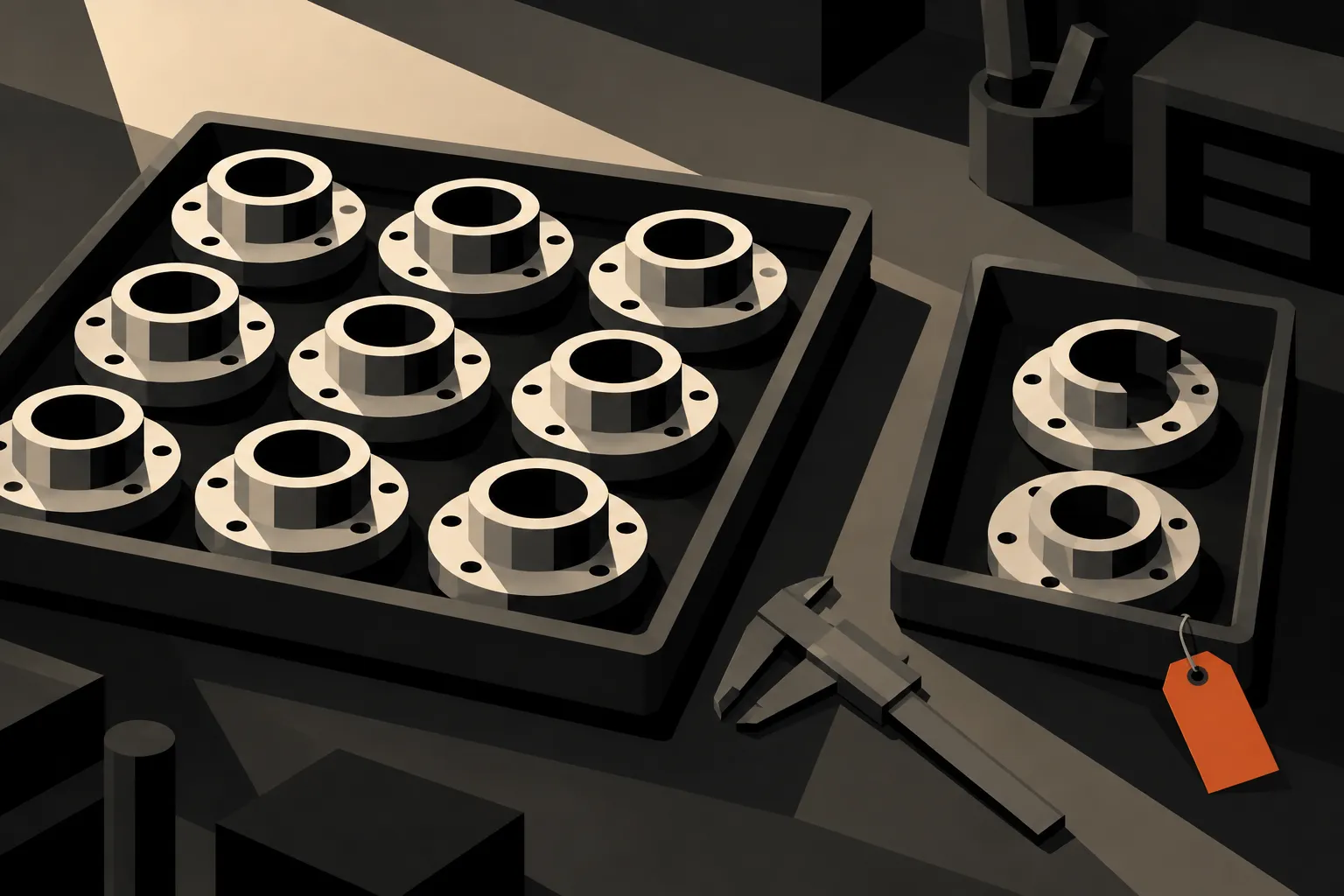 Dark geometric illustration of intact machined parts in one tray and rejected parts in a separate tray with an orange tag.
