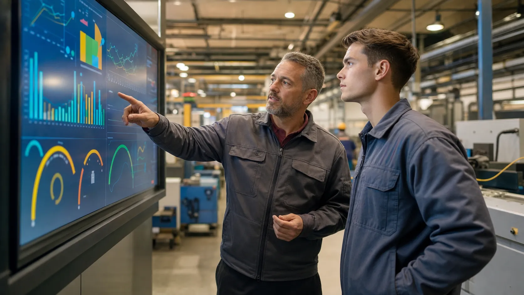 An operations manager pointing at a large wall-mounted live OEE dashboard on the factory floor while a colleague looks on