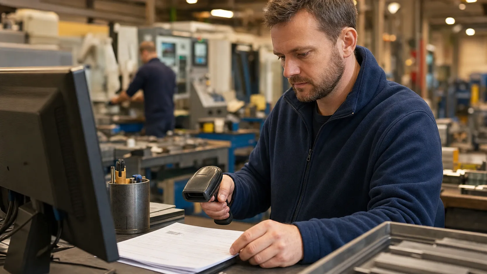 A production planner at a floor workstation scanning a job traveller with a handheld barcode scanner to open the live job record