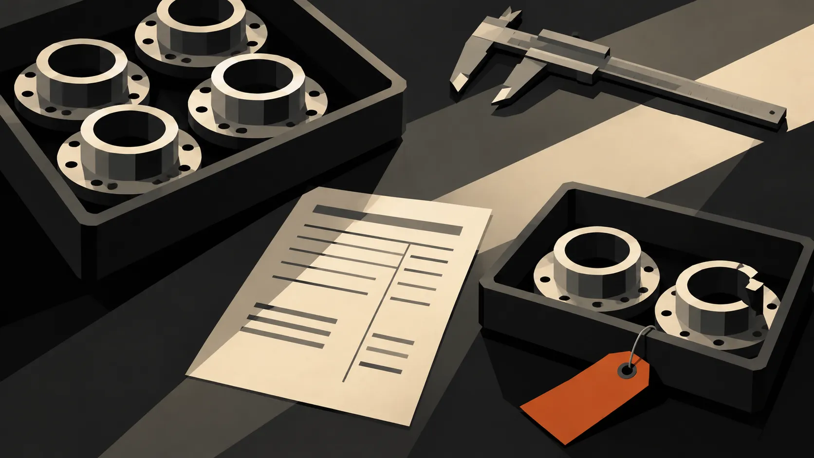 Dark geometric illustration of machined flanges in separate trays, with an orange hold tag beside a damaged flange and an inspection sheet.