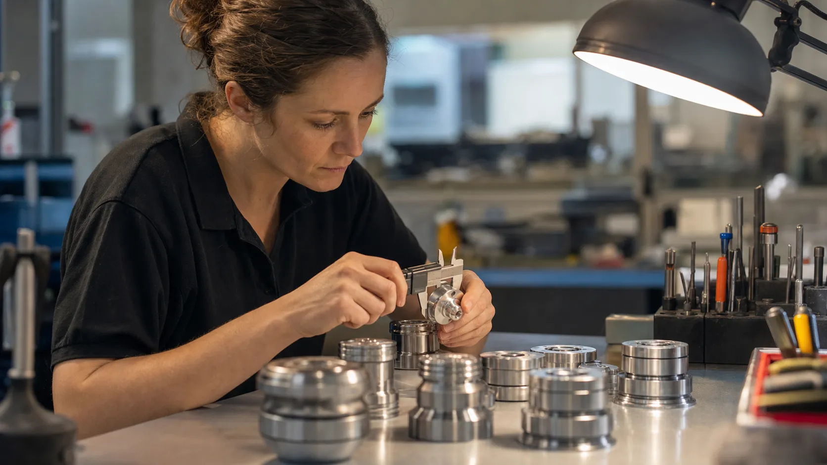 A female quality inspector measuring a shiny machined metal part with digital calipers at a bright, well-lit inspection bench.