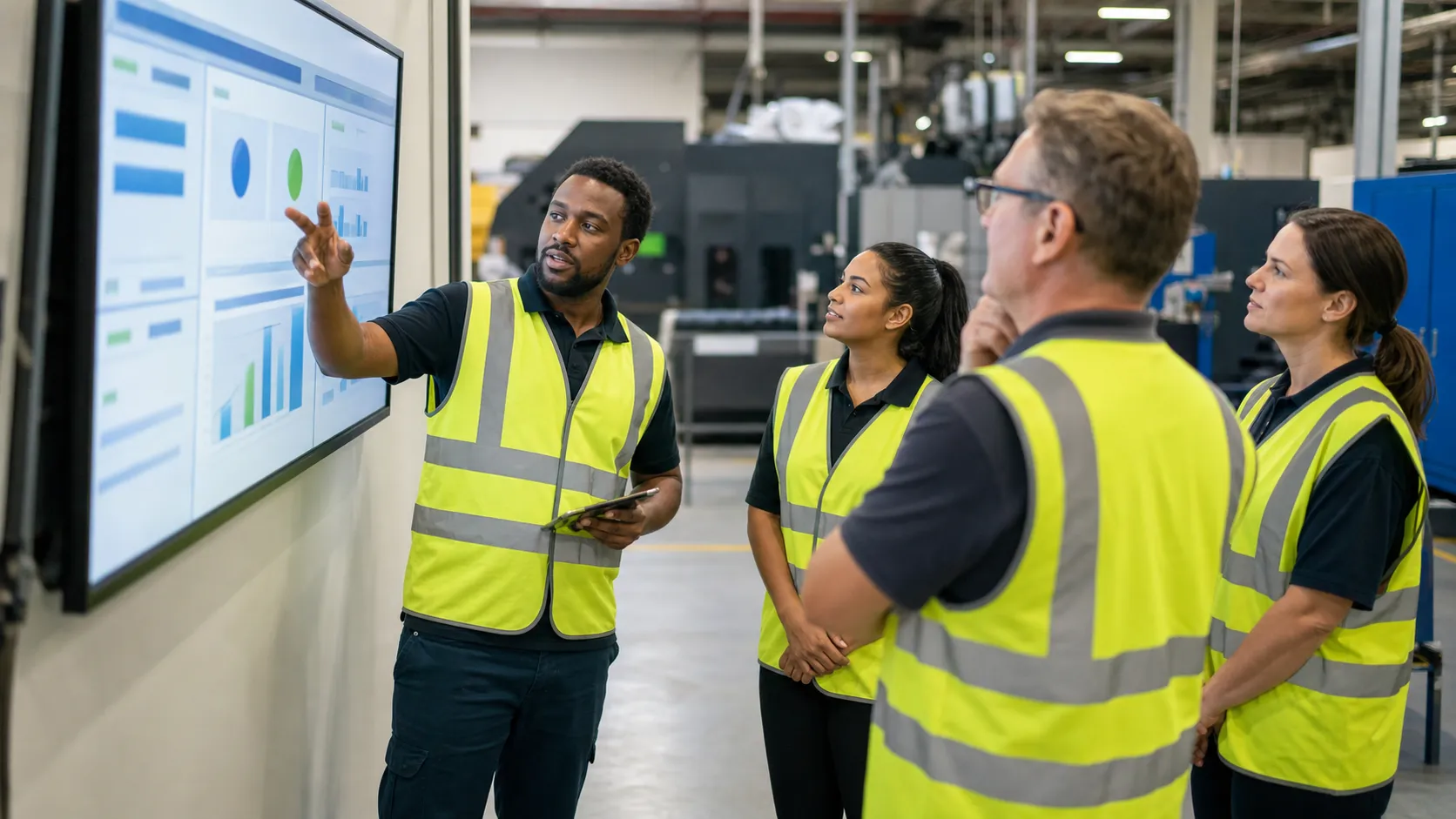 A small diverse team in hi-vis vests gathered for a morning stand-up around a wall-mounted digital SQDCP team board on the shop floor