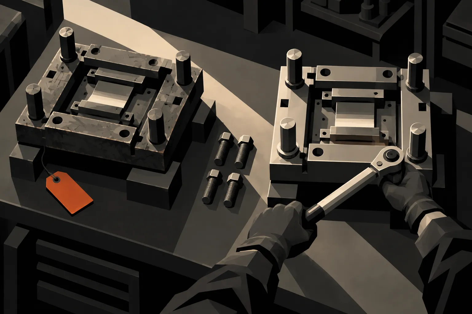 Dark geometric illustration of gloved hands preparing replacement press tooling beside the previous die set.