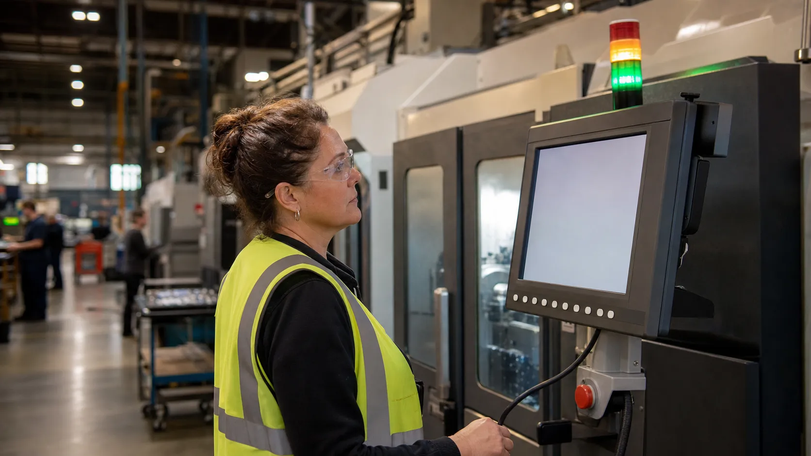 A female production supervisor in a hi-vis vest stands beside a running CNC line, reading a floor terminal, with an amber andon light lit above the machine.