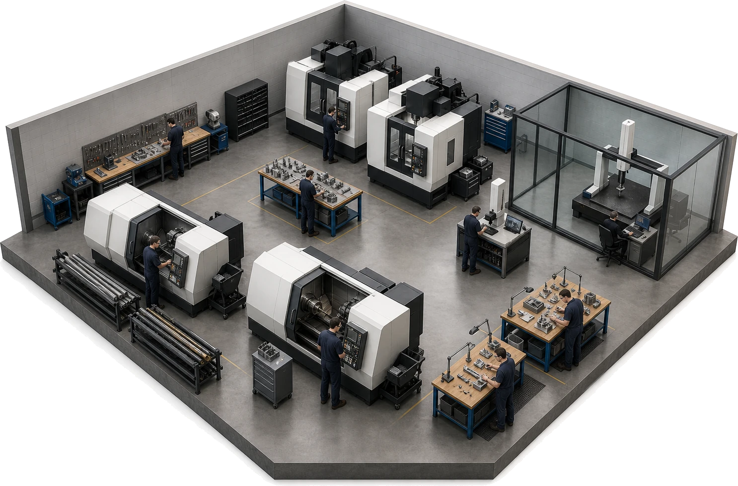 Bird view of a cnc machine shop floor