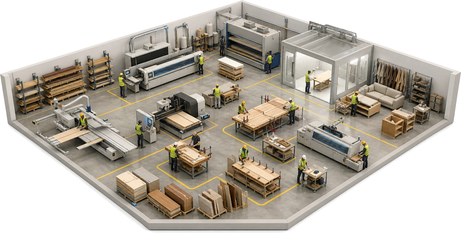 Bird view of a furniture & joinery manufacturing floor