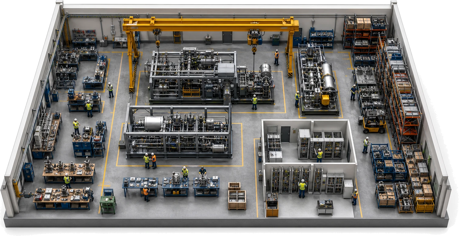 Bird view of a industrial machinery manufacturing floor