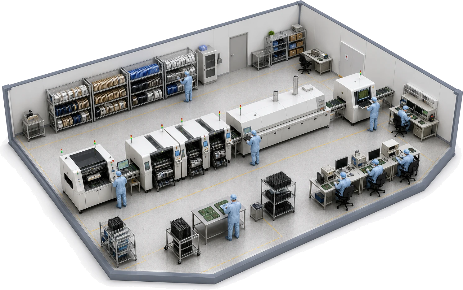 Bird view of a pcb assembly & electronics floor