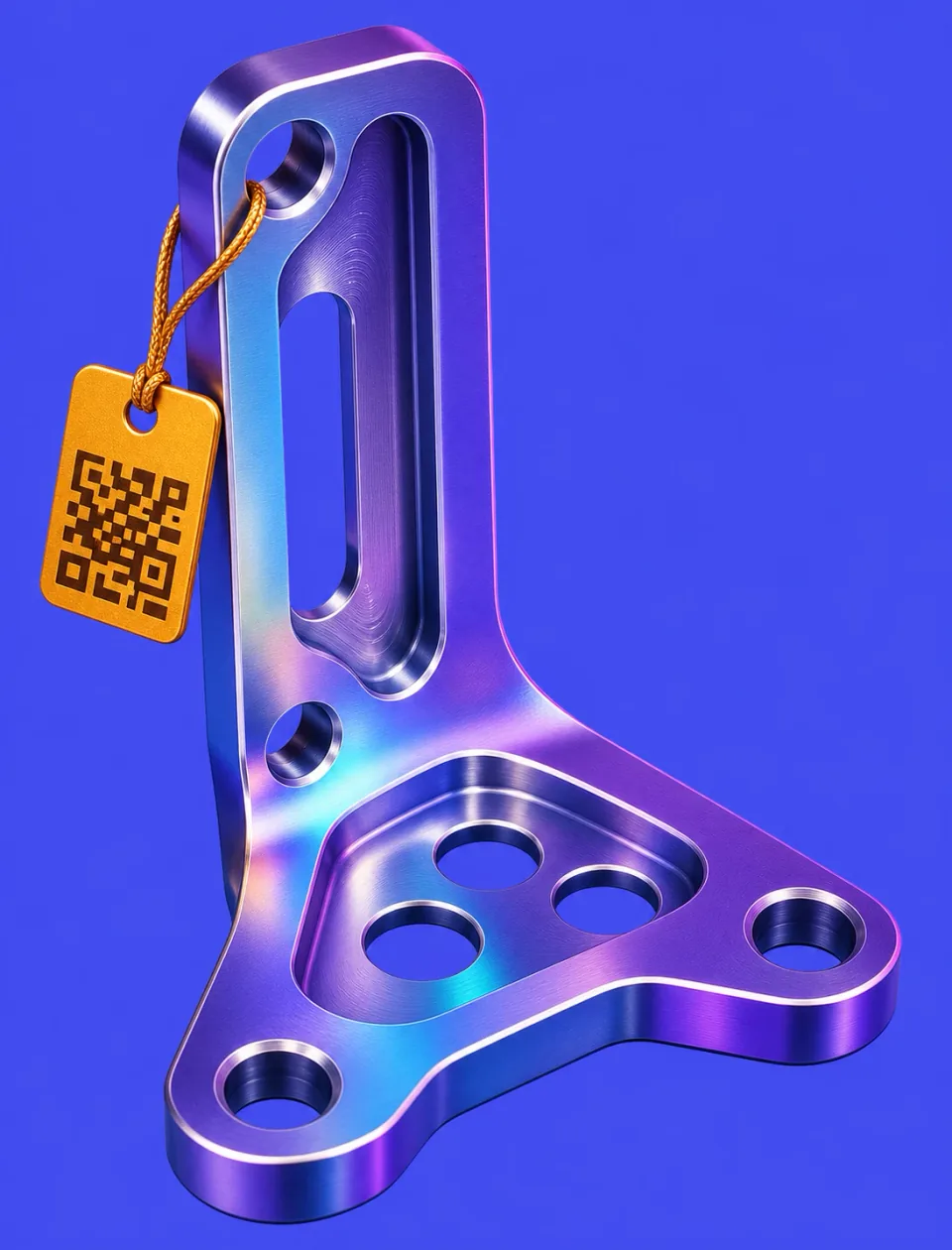 Cobalt 3D render of a machined titanium aerospace bracket with a serial tag