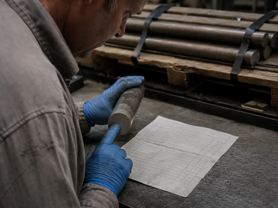 Operator checking titanium bar stock against a material certificate at a goods-in bench