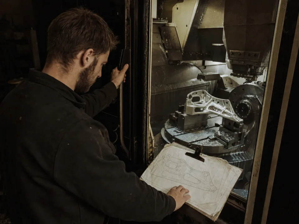 Machinist reading a ballooned drawing beside a five-axis machining centre