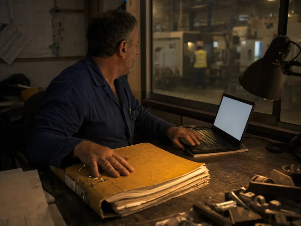 Quality manager at a desk overlooking an aerospace machining floor