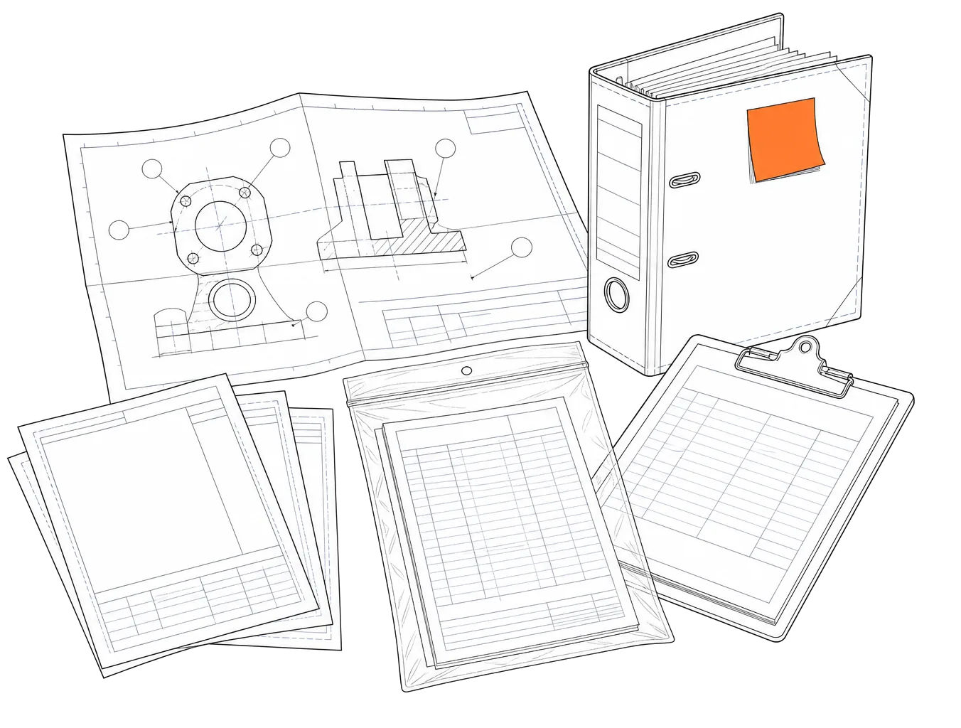 Illustration of a First Article pack assembled by hand from travellers, certs and a ballooned drawing