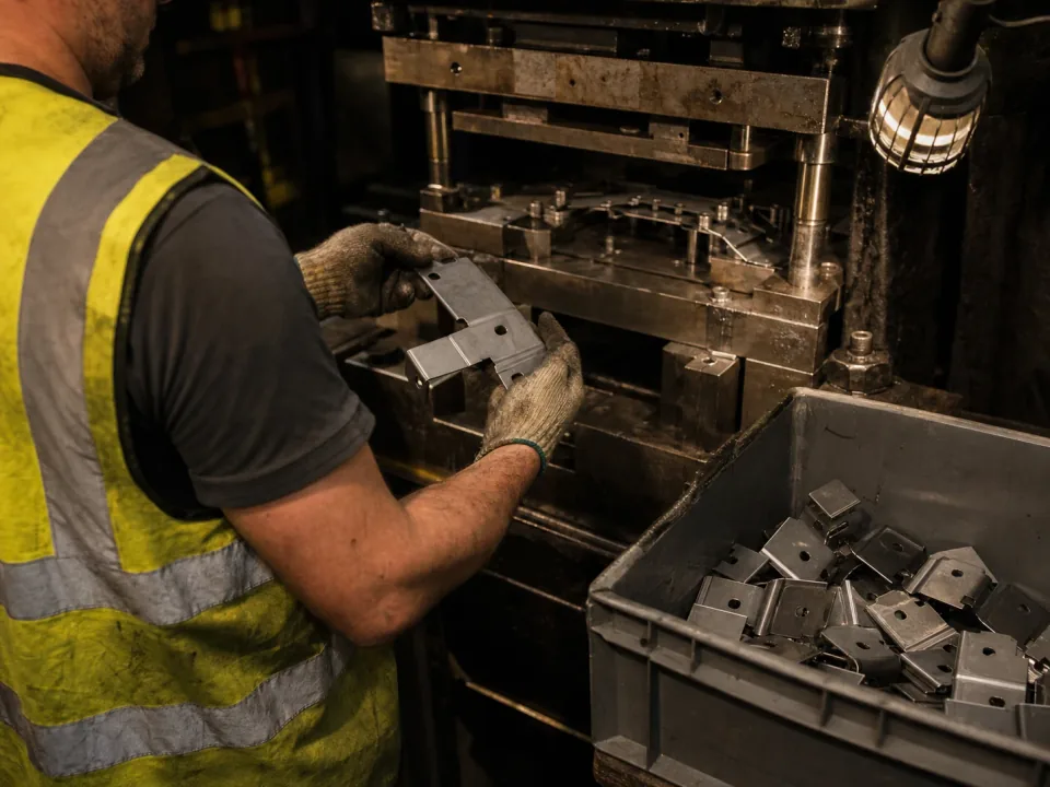 Operator feeding a stamping press on an automotive supplier line