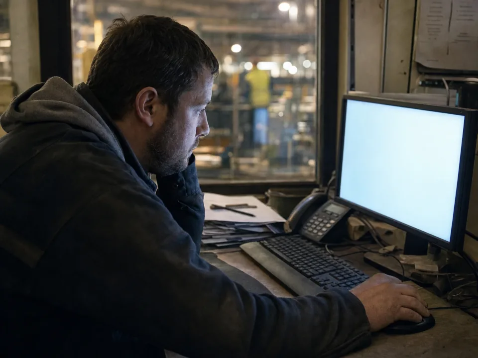 Planner at a desk in a glazed office overlooking a production line