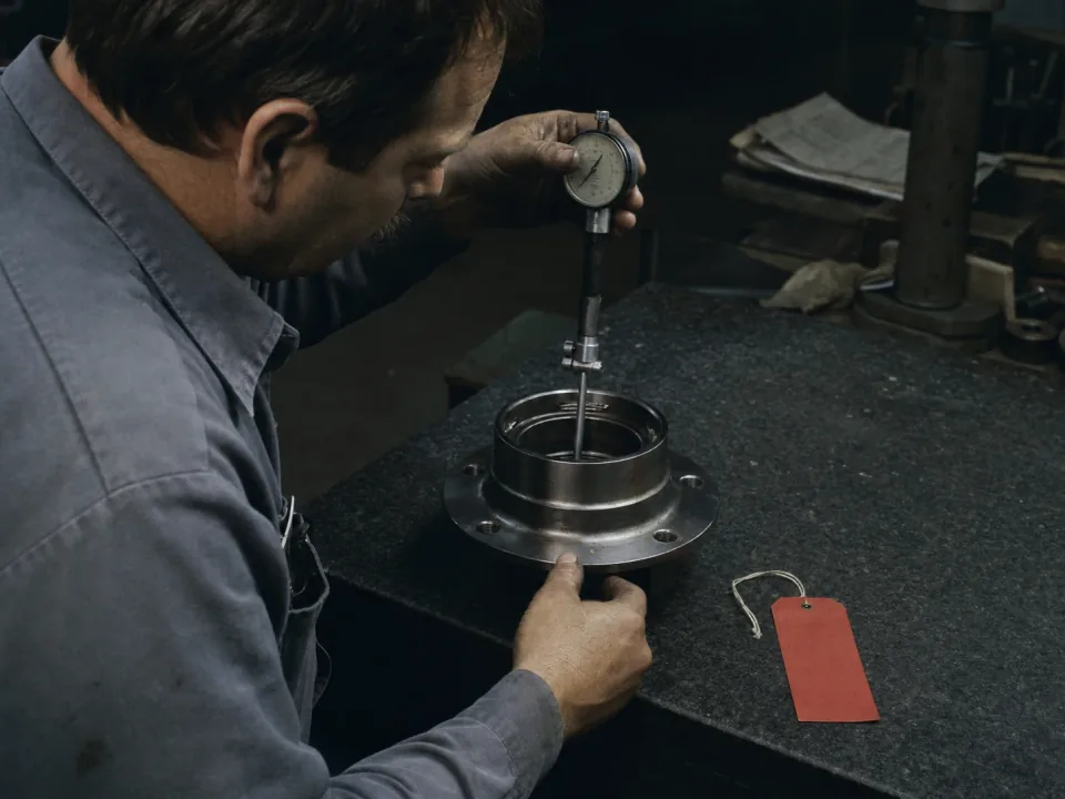 Quality inspector gauging a machined hub on a granite surface plate