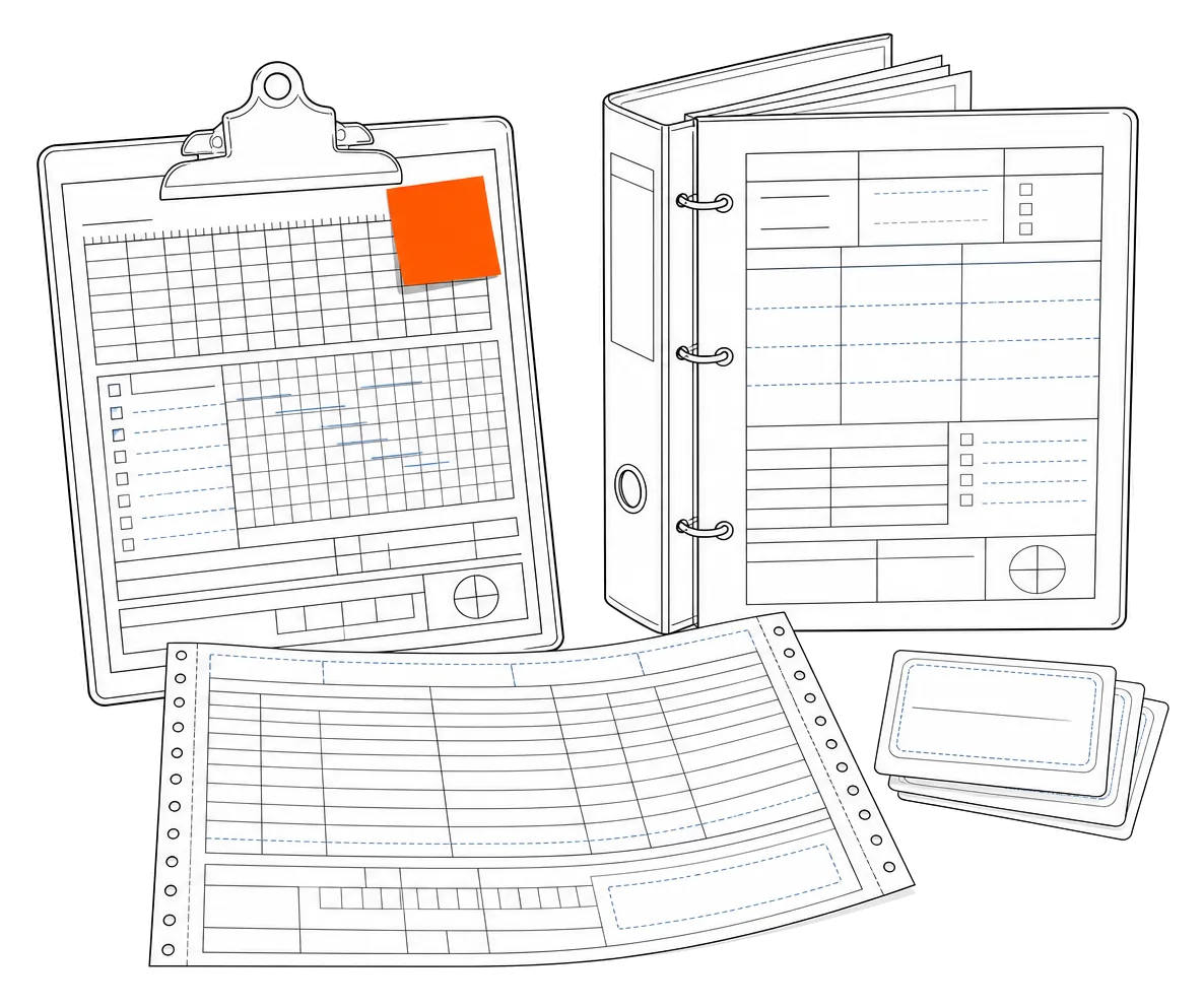 Illustration of a line supervisor's paperwork: takt sheet, control-plan binder and release printout