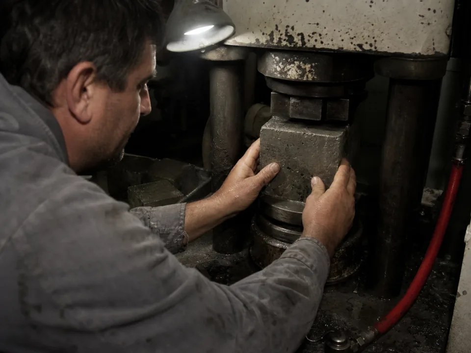 Technician placing a concrete cube in a compression testing rig