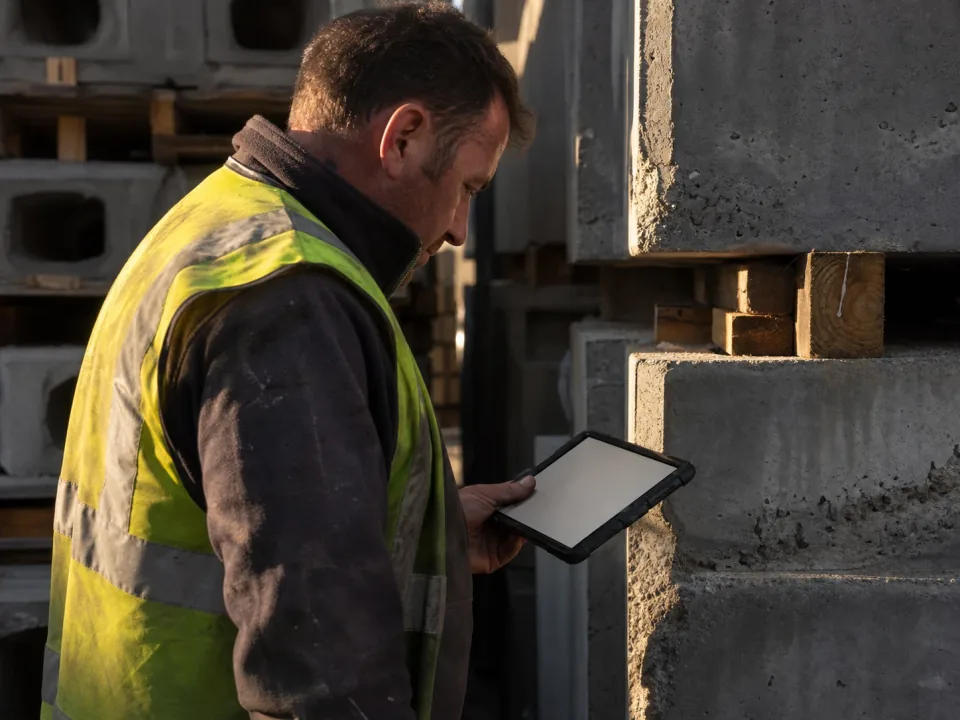 Supervisor with a tablet in a yard of stacked precast units