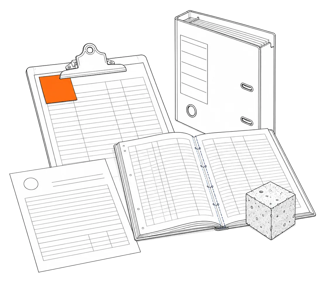 Line drawing of a batch sheet, a cube-test register, a DoP template and a sticky note