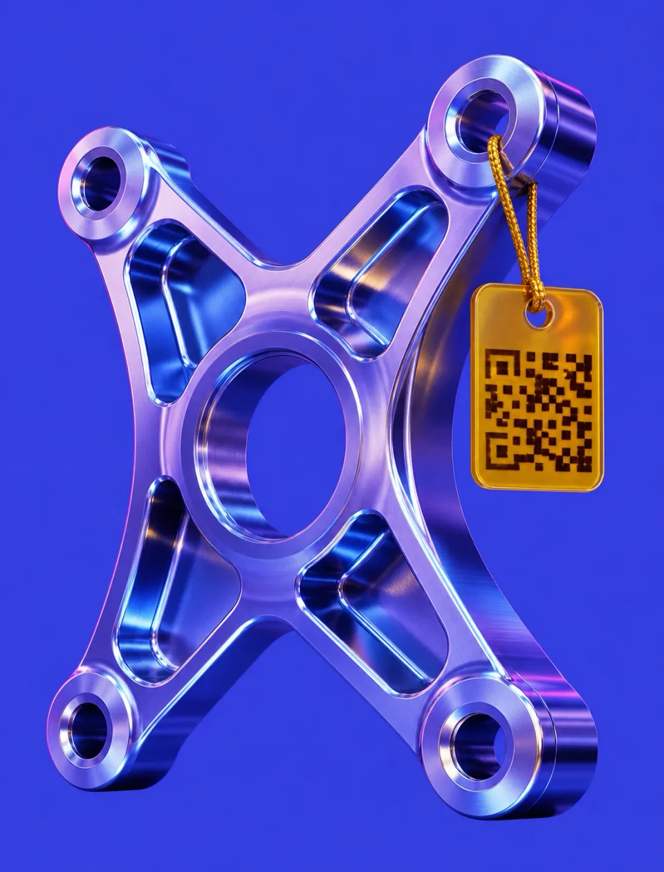 Cobalt 3D render of a machined aerospace bracket with a routing tag