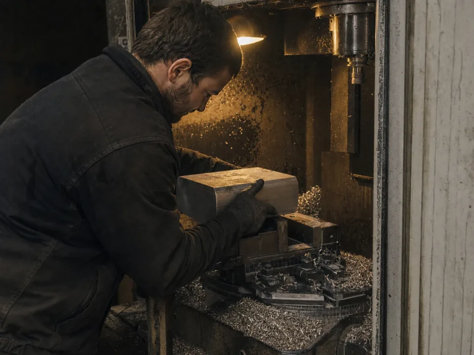 Machinist loading a billet into a CNC milling machine