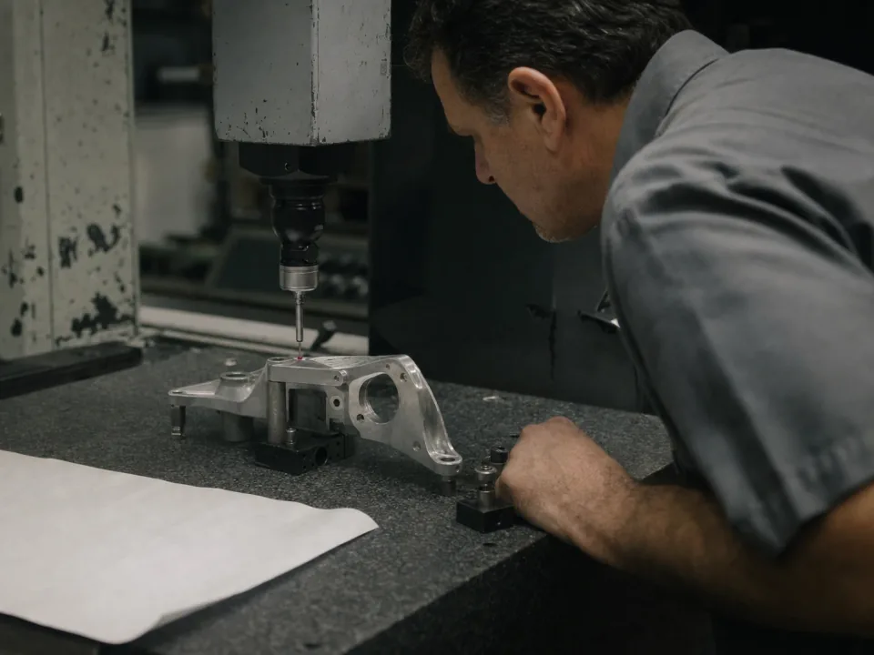 Inspector measuring a machined part on a CMM against a ballooned drawing