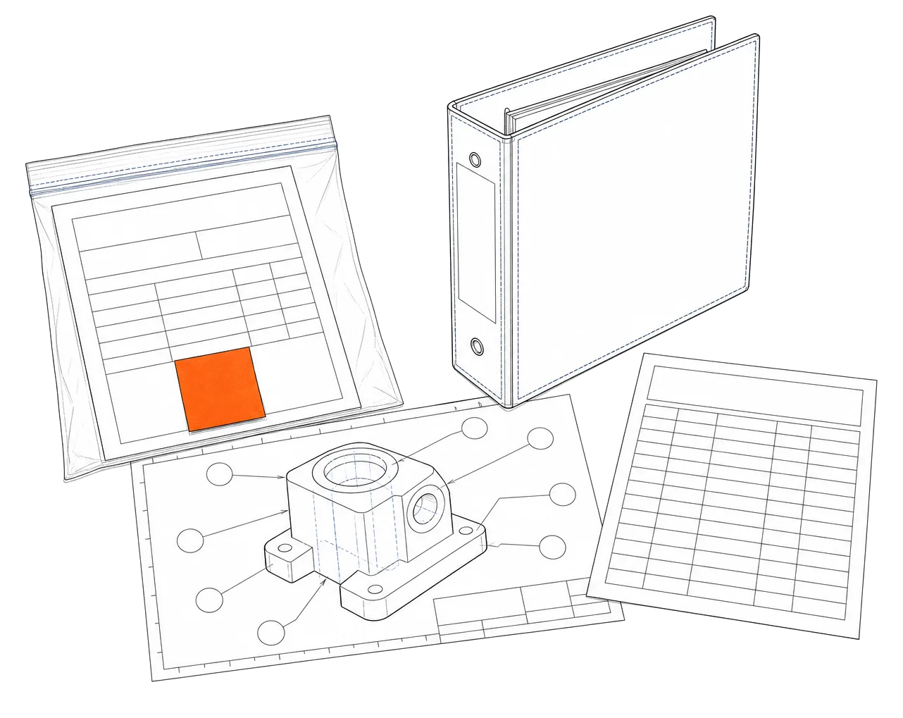 Illustration of a machine shop job on paper: a traveller in a job bag, mill cert, ballooned print and a sticky note