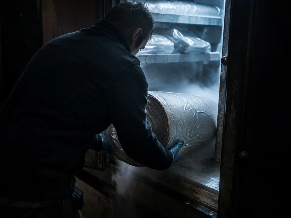 Technician lifting a roll of prepreg out of a walk-in freezer