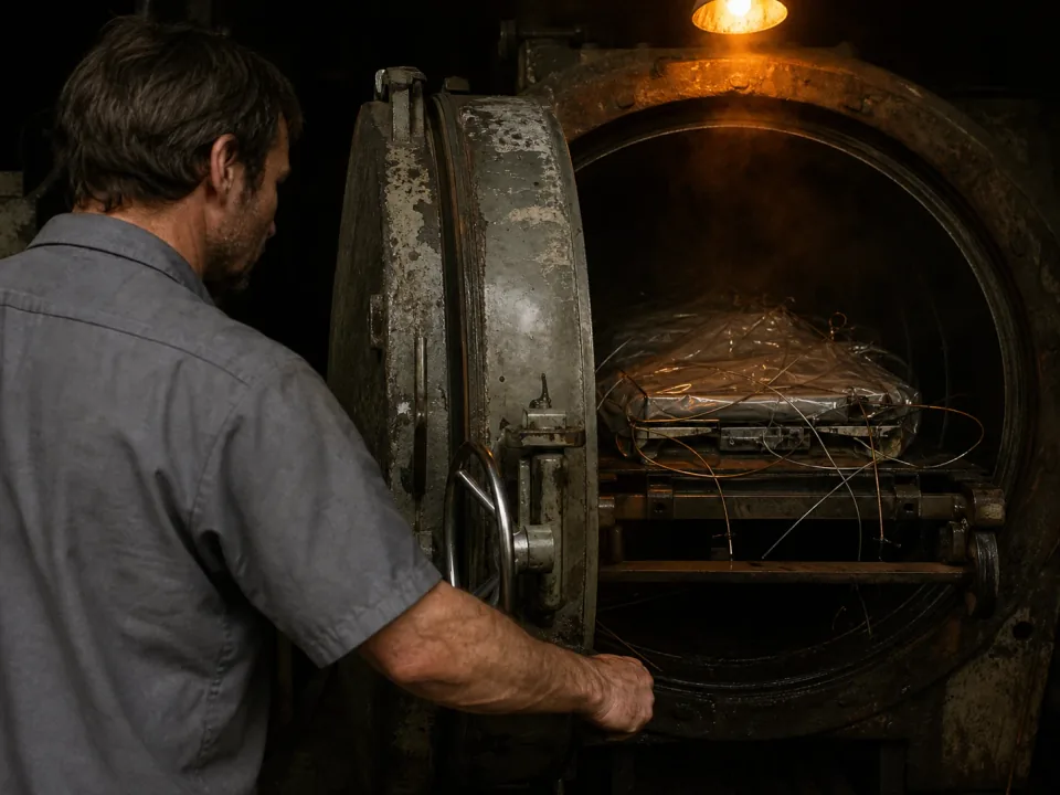 Autoclave door open at the end of a cure cycle