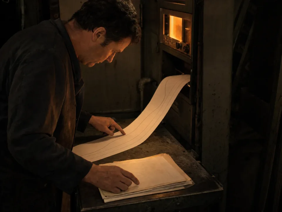 Technician reading a printed cure chart beside an oven