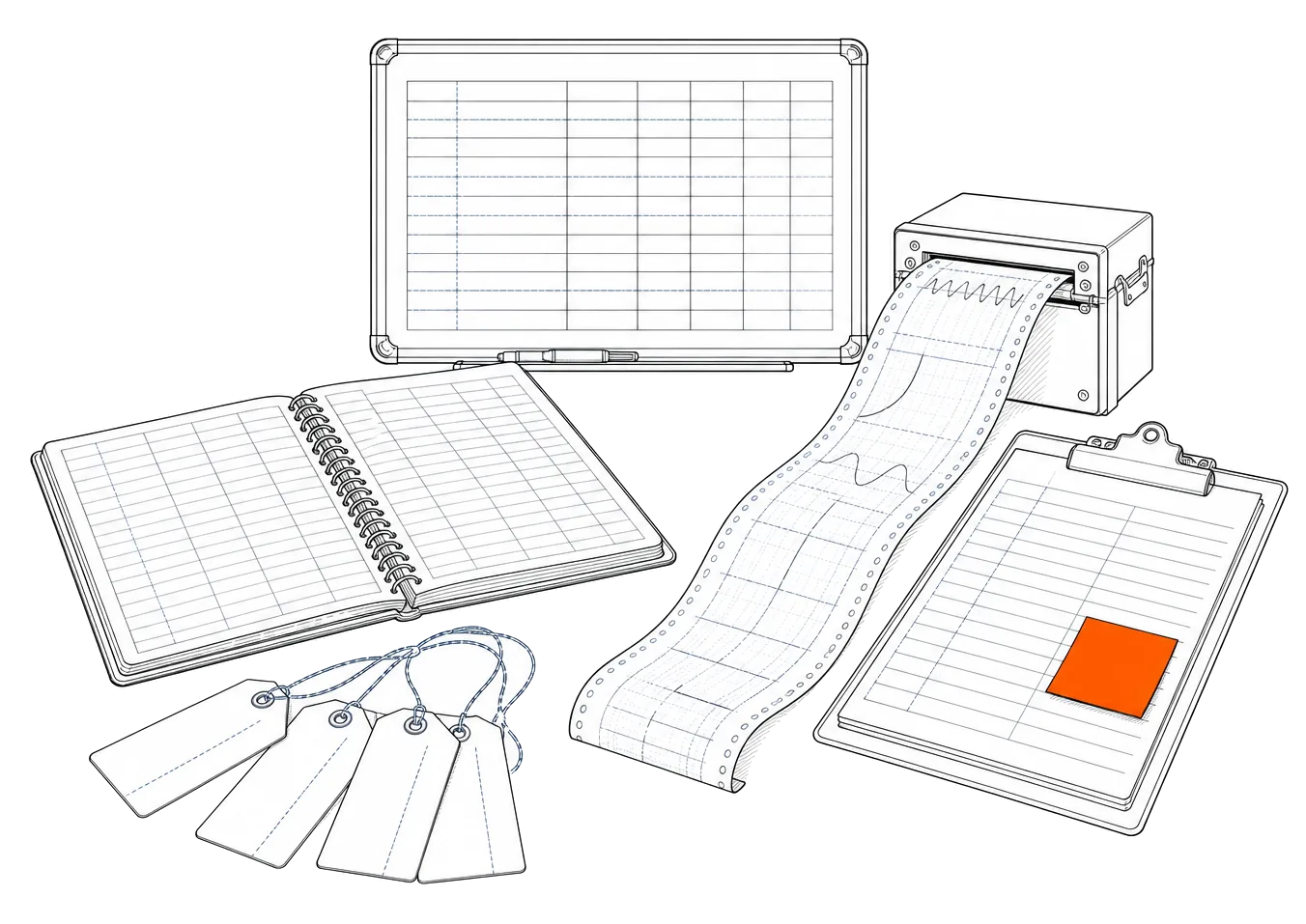 Illustration of a composites shop run on paper: out-life whiteboard, freezer log, cure chart and kit tags