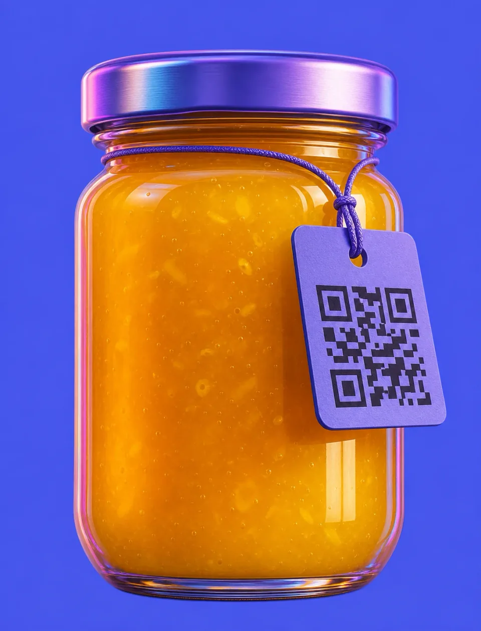 Cobalt 3D render of a sealed food jar with a lot tag