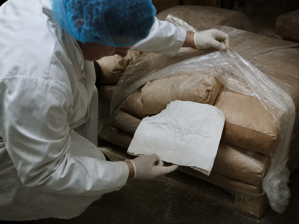 Operator checking sacks of ingredients on a pallet at a goods-in bay