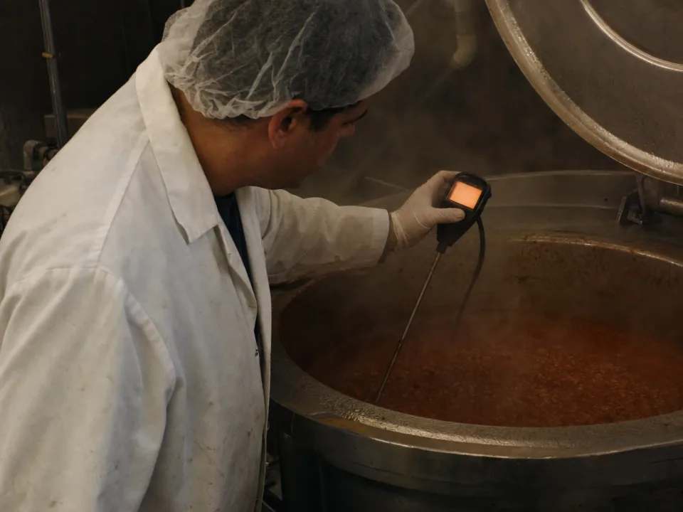Operator taking a probe temperature reading from a cooking kettle
