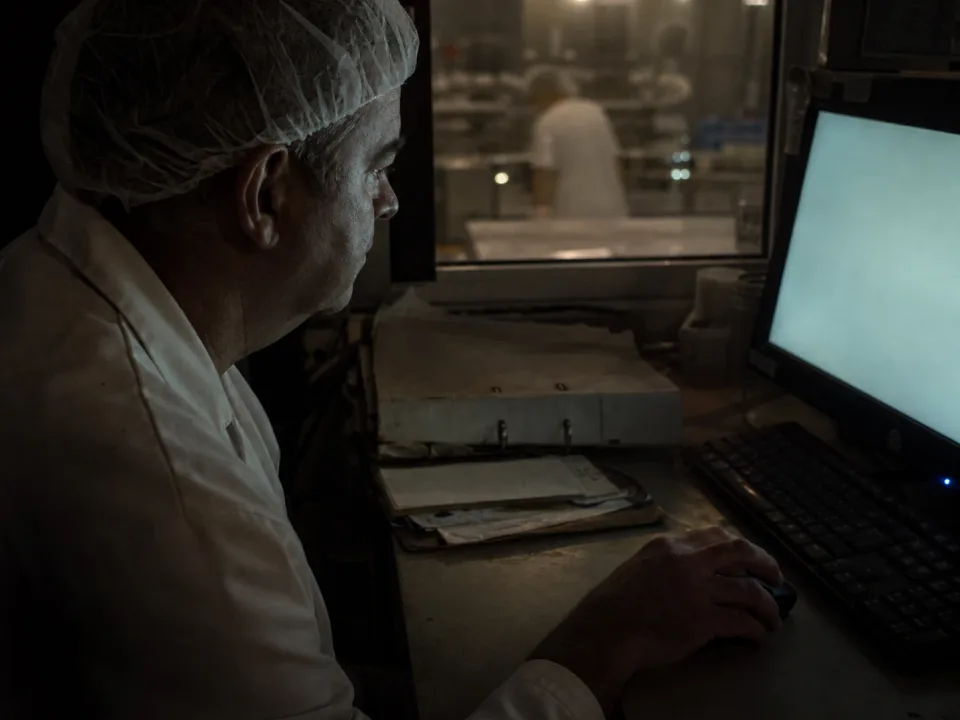 Technical manager at a desk terminal overlooking a packing line