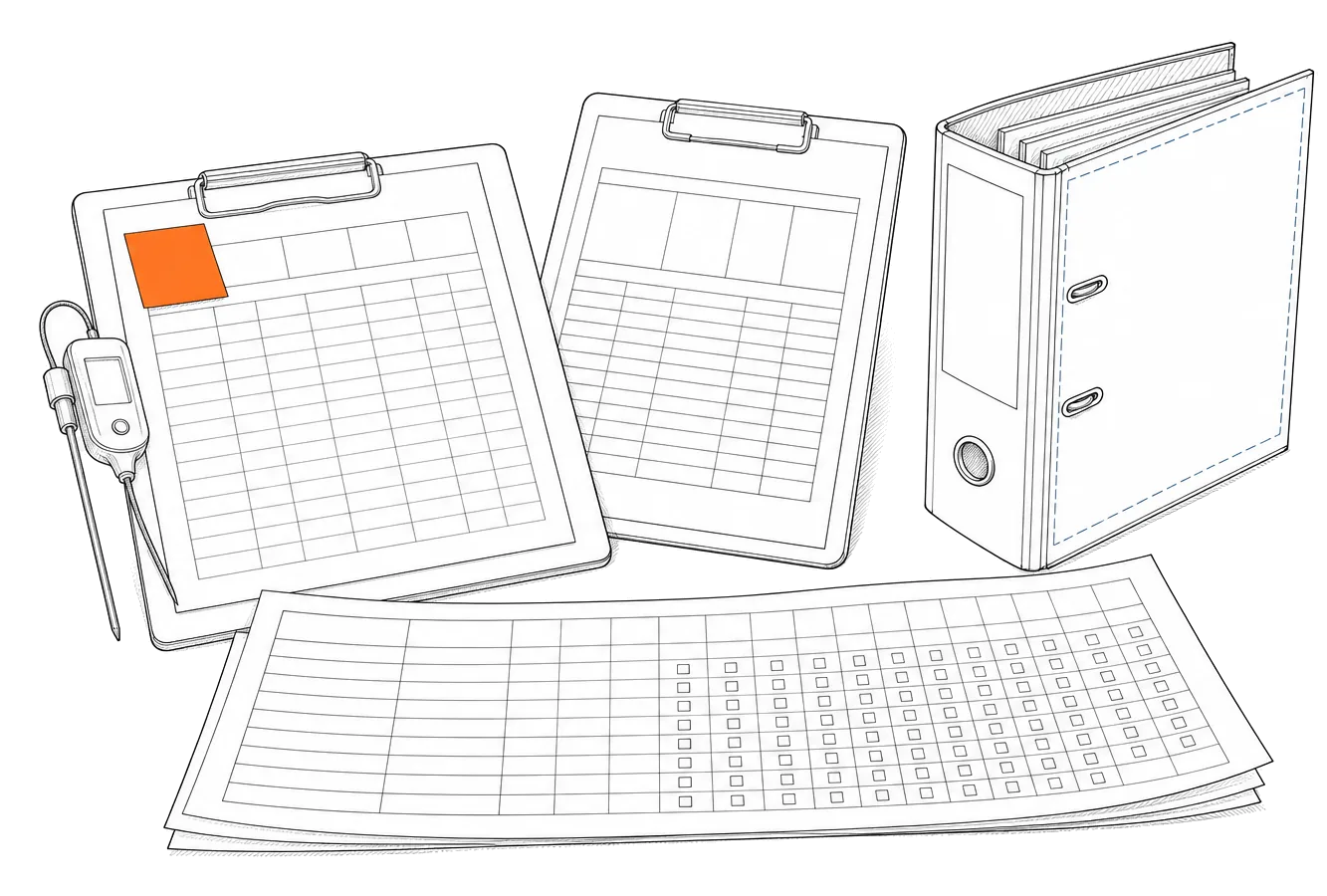 Illustration of a food plant's day on paper: CCP clipboard, batch sheet, allergen matrix and a sticky note