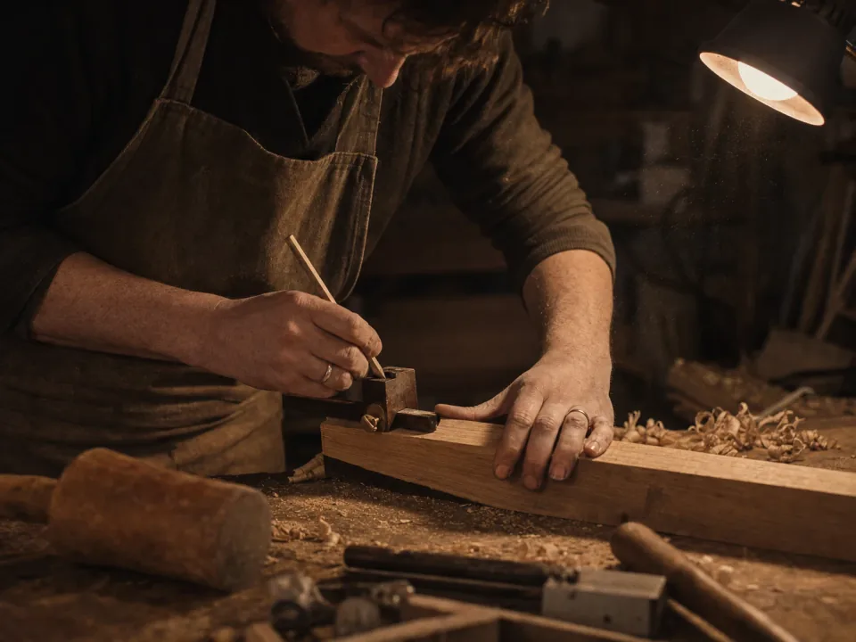 Joiner marking out a frame component at a workshop bench