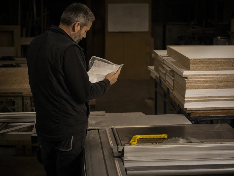 Workshop manager reading a job bag beside a panel saw