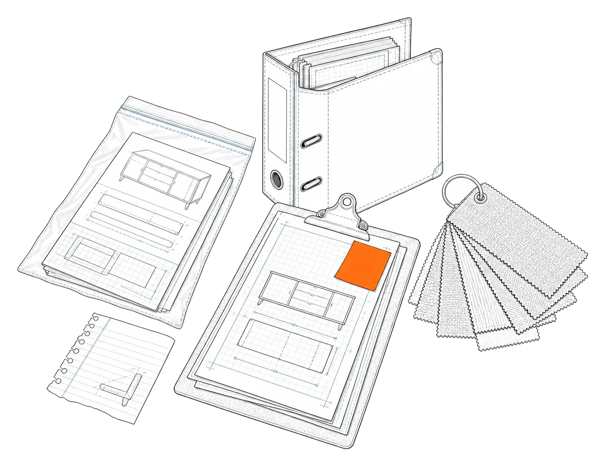 Illustration of a job bag, cutting list, whiteboard and folders for one made-to-order furniture job