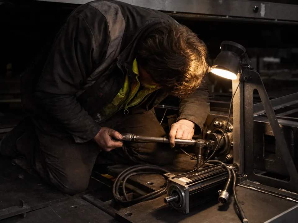 Fitter torquing a bolt inside the frame of a half-built machine